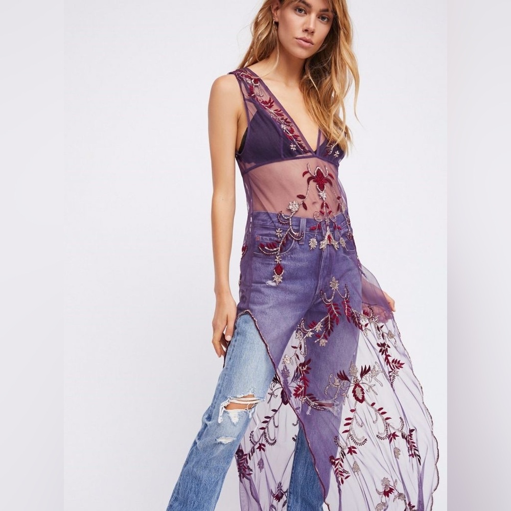 NWT Free People Bali  Embellished Beaded Sheer Maxi Side Slit Slip Dress XS